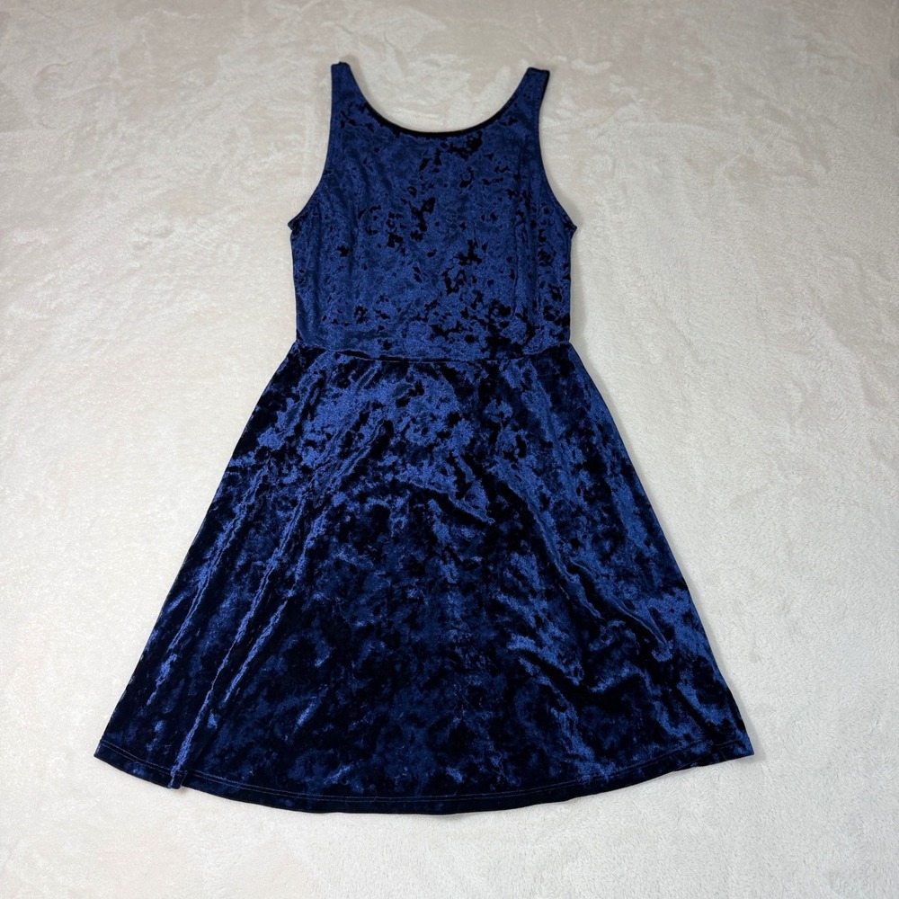 H&M Divided Crushed Velvet Skater Dress Womens 8 Navy Y2K Whimsigoth V Back